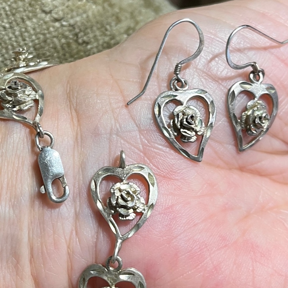 Signed M 925 Sterling Hearts Flowers Bracelet Pierced Earrings Set Rose Center